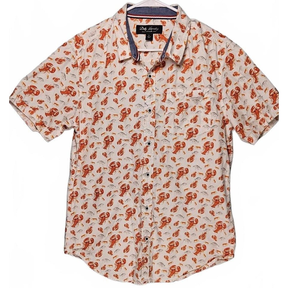 Dirty Laundry Men's Lobster Print Button Down Short Sleeve Shirt L Coastal‎ Dad